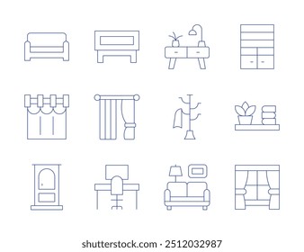 Home furniture icons. Thin Line style, editable stroke. coffee table, curtain, desk, couch, curtains, door, shelving, shelf, window, drawers, hat rack, living room.