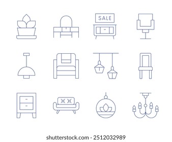 Symbole für Wohnmöbel. Stil der dünnen Linie, bearbeitbarer Strich. Kommode, Wohnkultur, Wohnzimmer, Farn, Lampe, Nachttisch, Möbel, Pflanze, Stuhl, Kronleuchter.