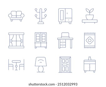 Home furniture icons. Thin Line style, editable stroke. clothes rack, cupboard, desk lamp, couch, curtain, dinner table, shelves, rug, desk, door, sideboard.