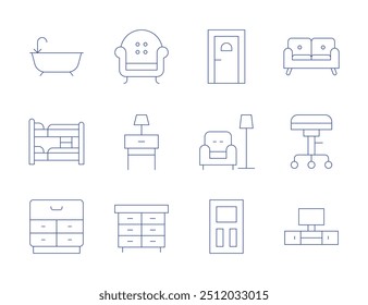 Home furniture icons. Thin Line style, editable stroke. armchair, bedside table, cabinet, bath, bunk bed, sofa, stool, tv table, door, rest.