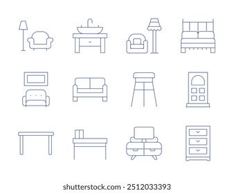 Home furniture icons. Thin Line style, editable stroke. sofa, table, sink, stool, tv table, double bed, door, drawers.