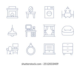 Ícones da mobília da casa. Estilo linha fina, curso editável. mesa de vestir, espelho, local de trabalho, lareira, lâmpada, escritório, cadeira, peito de gavetas, máquina de lavar roupa, janela.