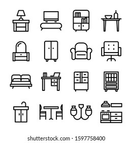 Home furniture, interior decor elements linear icons set. Apartment furnishing symbols pack. Living room, bedroom, kitchen and bathroom attributes. Bookcase, bed, oven and bath thin line illustrations