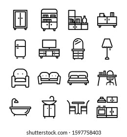 Home furniture, interior decor elements linear icons set. Apartment furnishing symbols pack. Living room, bedroom, kitchen and bathroom attributes. Bookcase, bed, oven and bath thin line illustrations