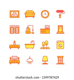 Home furniture, interior decor elements icons set. Apartment furnishing symbols pack. Living room, bedroom, kitchen and bathroom attributes. Bookcase, bed, oven and bath illustrations