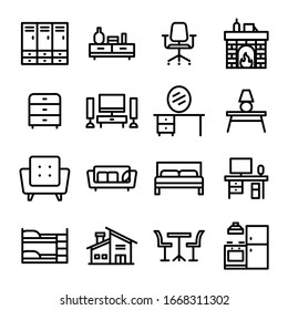 Home furniture, interior decor elements linear icons set. Apartment furnishing symbols pack. Living room, bedroom, kitchen and bathroom attributes. Bookcase, bed, oven and bath thin line illustrations