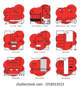 Home furniture, interior decor elements linear icons set. Apartment furnishing symbols pack. Living room, bedroom, kitchen and bathroom. Refrigerator, sofa, armchair, bed, oven and bath thin lines.