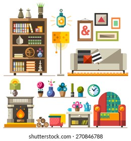 Home furniture. Interior design. Set of elements: wardrobe,bookcase, sofa, fireplace, clock, lamp, flowers, pictures. Decorating zone of rest and sleep. Vector flat  illustrations
