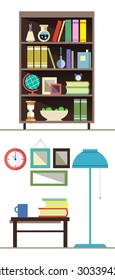 Home furniture. Interior design. Set of elements:bookcase, clock, lamp, globe, flowers, journal table, cup, books, pictures. Decorating zone . Vector flat  illustrations. The graphics for games