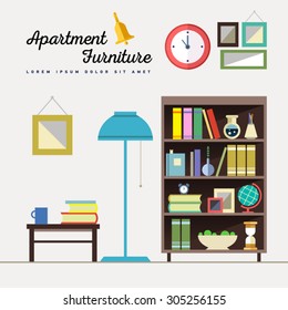 Home furniture. Interior design. Set of elements: bookcase, clock, lamp, globe, flowers, journal table, cup, books, pictures. Decorating zone . Vector flat  illustrations. 