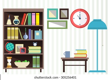 Home furniture. Interior design. Set of elements:bookcase, clock, lamp, globe, flowers, journal table, cup, books, pictures. Decorating zone . Vector flat  illustrations. The graphics for games