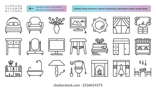 Home furniture and interior items, apartment rooms, vector black line icon set, 21 outline monochrome signs 48x48 px and 480x480 px, editable stroke