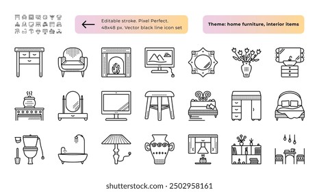 Hausmöbel, Innenausstattung, Hausräume, Vektorsymbol schwarze Linie gesetzt, 21 Umrisse monochrome Zeichen mit Punkten, editierbarer Strich, Pixel perfekt