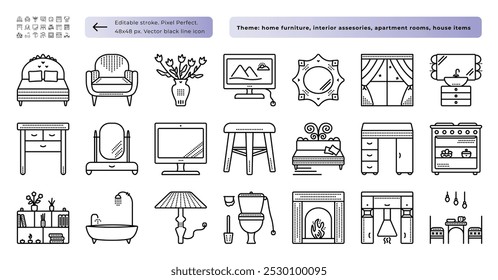 Home furniture and interior items, modern house rooms, vector black line icon set, pictogram's size 48x48 px and 480x480 px, 21 outline monochrome signs with dots, editable stroke