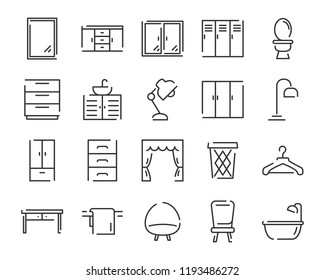 home furniture interiors line icons set