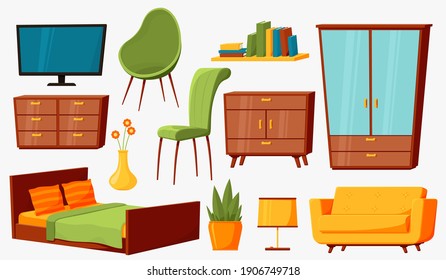 Home furniture. Isolated trendy furnitures, interior room office decor. Chair, sofa and stylish table, flat modern house accessory recent vector set