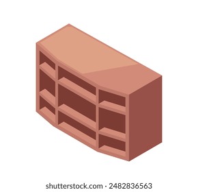 Home furniture isometric icon. Stylish wooden cabinet with open shelves for storing books and decor. Closet for living room interior. Cartoon 3D vector illustration isolated on white background