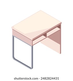 Home furniture isometric icon. Wooden desk with shelves for storing office supplies. Table for office interior or workspace in apartment. Cartoon 3D vector illustration isolated on white background