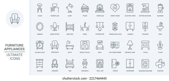Home furniture, kitchen electric appliances, domestic equipment and modern household devices thin line icons set vector illustration. Outline coffee and washing machine, chair and table for workplace