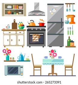 Home furniture. Kitchen interior design.Set of elements:refrigerator, stove, microwave,cupboards, dishes, table, chairs. Vector flat illustration
