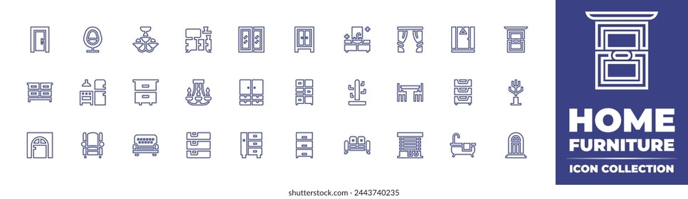 Home furniture line icon collection. Editable stroke. Vector illustration. Containing wardrobe, drawers, cabinet, door, coat stand, cupboard, drawer, dresser, window, kitchen, living room, curtains.