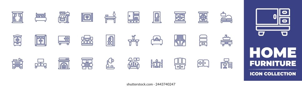 Home furniture line icon collection. Editable stroke. Vector illustration. Containing living room, table, furniture, cabinet, wardrobe, hood, tv furniture, window, door, rug, bed, shower.