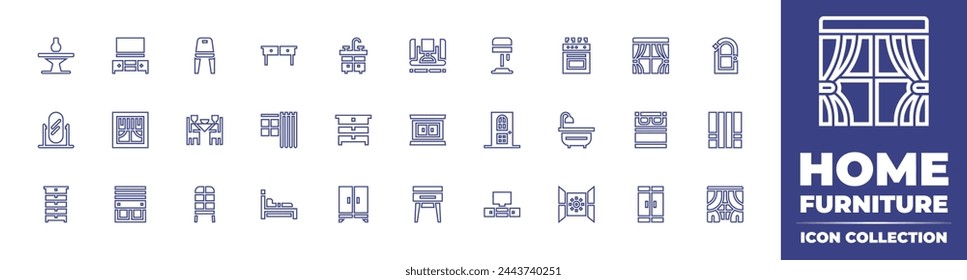 Home furniture line icon collection. Editable stroke. Vector illustration. Containing furniture, bedside table, closet, chest of drawers, mirror, chest, window, table, drawer, single bed, double bed.