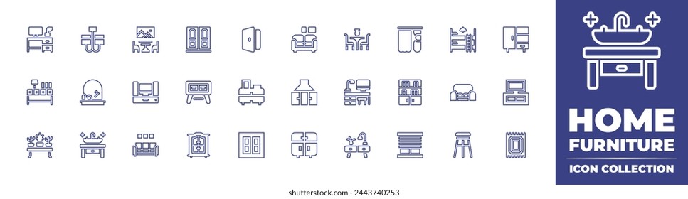 Home furniture line icon collection. Editable stroke. Vector illustration. Containing curtain, home theater, sofa, table, cabinet, hood, house door, closet, bunk bed, chest of drawers, workplace.