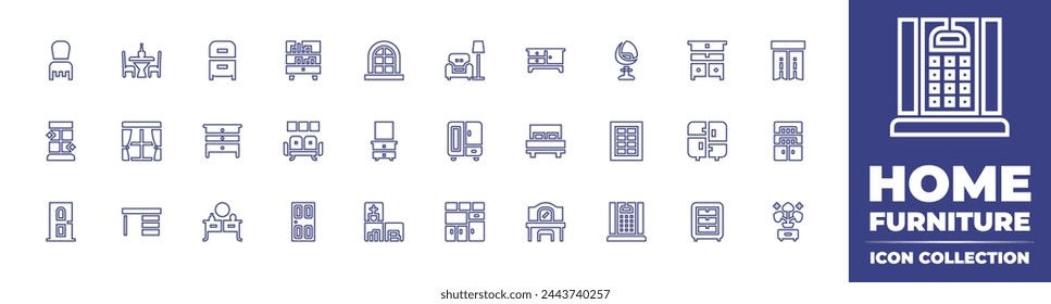 Home furniture line icon collection. Editable stroke. Vector illustration. Containing closet, rest, furniture, home, drawer, chair, chest of drawers, cupboard, storage, mirror, window, door, curtains.