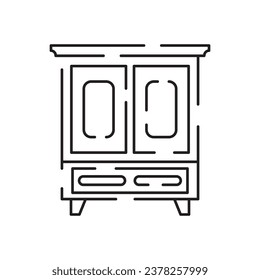 Home furniture line icon. Editable stroke. Sofa or drawers, cabinet, table, workplace, window, ceiling light and tv table