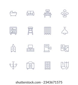 Home furniture line icon set on transparent background with editable stroke. Containing bath, sofa, countertop, flower pot, bookshelf, stool, curtains, lamp, cabinet, tv stand, door, picture.