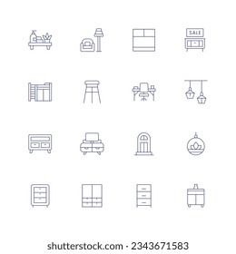 Home furniture line icon set on transparent background with editable stroke. Containing bathroom, sofa, cupboard, furniture, bunk bed, stool, desk, lamp, cabinet, tv table, door, plant.
