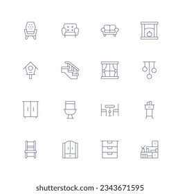 Home furniture line icon set on transparent background with editable stroke. Containing armchair, sofa, couch, fireplace, bird house, stairs, curtain, lamp, cabinet, toilet, dinner table, nightstand.