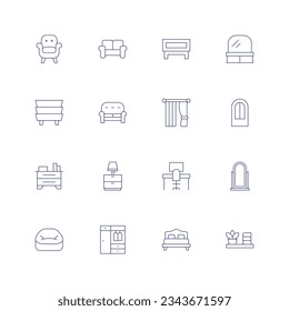Home furniture line icon set on transparent background with editable stroke. Containing armchair, sofa, coffee table, dressing table, bedside table, curtain, house door, cabinet, table lamp, desk.