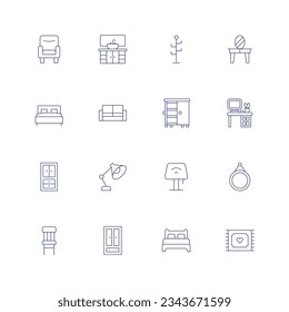 Home furniture line icon set on transparent background with editable stroke. Containing armchair, sink, coat stand, dressing table, bed, sofa, cupboard, workplace, cabinet, table lamp, desk lamp.