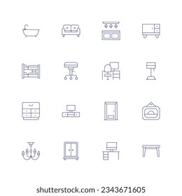 Home furniture line icon set on transparent background with editable stroke. Containing bath, sofa, countertop, furniture, bunk bed, stool, workplace, lamp, cabinet, tv table, door, picture.