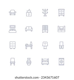 Home furniture line icon set on transparent background with editable stroke. Containing armchair, sink, clothes rack, dresser, bed, sofa, cupboard, home theater, cabinet, table, desk lamp, mirror.