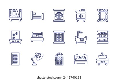 Home furniture line icon set. Editable stroke. Vector illustration. Containing window, table lamp, door, bed, double bed, bathtub, wardrobe, dressing table, sink, frame, library, books.