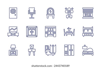 Home furniture line icon set. Editable stroke. Vector illustration. Containing window, double bed, shower, chair, dinner table, nightstand, wardrobe, door, housekeeping, bedside table, sofa, blinds.