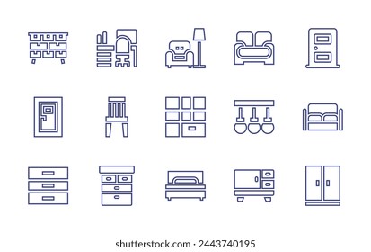 Home furniture line icon set. Editable stroke. Vector illustration. Containing sofa, rest, furniture, house door, drawer, closet, bed, chest of drawers, door, cupboard, lamps, wooden chair, workspace.