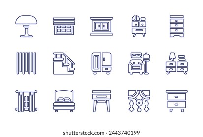 Home furniture line icon set. Editable stroke. Vector illustration. Containing night stand, nightstand, bedside table, cupboard, furniture, curtains, lamp, double bed, stairs, decoration, window.