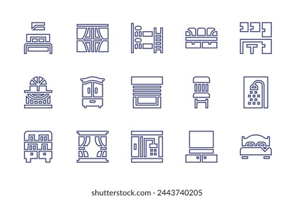 Home furniture line icon set. Editable stroke. Vector illustration. Containing home entertainment system, bunk bed, wardrobe, divan, chair, window, bed, double bed, shower, kitchen, balcony, blinds.