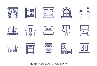 Home furniture line icon set. Editable stroke. Vector illustration. Containing double bed, nightstand, desk, storage, window, bunk bed, lamp, dinner table, table, shelves, bookshelf, watching tv.