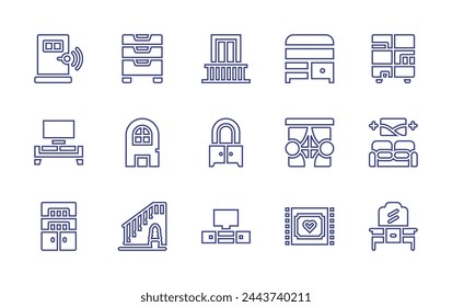 Home furniture line icon set. Editable stroke. Vector illustration. Containing door, window, balcony, tv table, rug, cupboard, buffet, bookshelf, dresser, living room, stairs, drawers.