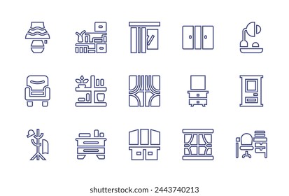 Home furniture line icon set. Editable stroke. Vector illustration. Containing doors, cabinet, hood, shelves, mirror, curtain, door, coat rack, smart curtain, armchair, desk lamp, work space.
