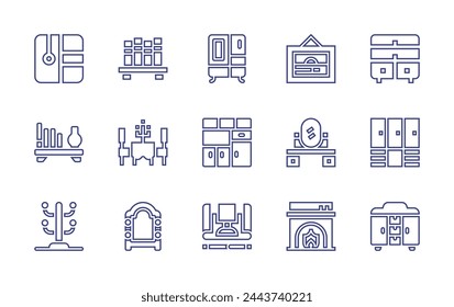 Home furniture line icon set. Editable stroke. Vector illustration. Containing closet, furniture, drawer, cupboard, wardrobe, chest of drawers, clothes rack, shelf, fireplace, frame, paint, dressing.