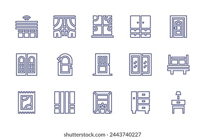 Home furniture line icon set. Editable stroke. Vector illustration. Containing cabinet, closet, window, wardrobe, door, curtains, bedside table, double bed, carpet, smart curtain.
