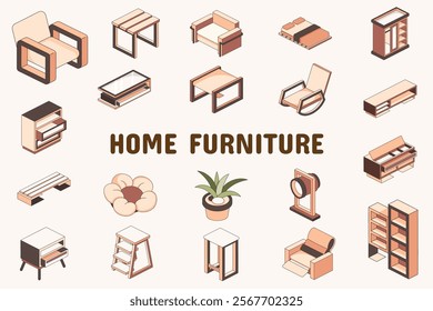 Home Furniture Lineal Color Vector Illustration Icon Sticker Set Design Materials