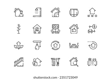 Home and Furniture lines icon set. Home and Furniture genres and attributes. Linear design. Lines with editable stroke. Isolated vector icons.