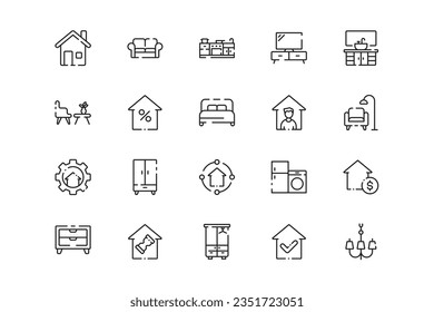 Home and Furniture lines icon set. Home and Furniture genres and attributes. Linear design. Lines with editable stroke. Isolated vector icons.